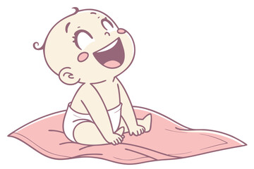 Cartoon baby smiling while sitting on pink blanket in soft pastel style