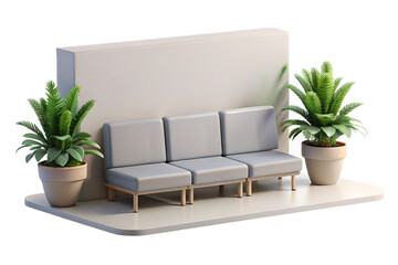 Minimalist isometric interior with a grey sofa and potted plants isolated on transparent background