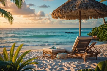Tropical Beachfront Retreat with Relaxing Chair and Lounger for a Perfect Seaside Getaway
