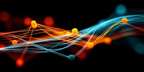 A digital network of glowing orange and blue nodes in motion