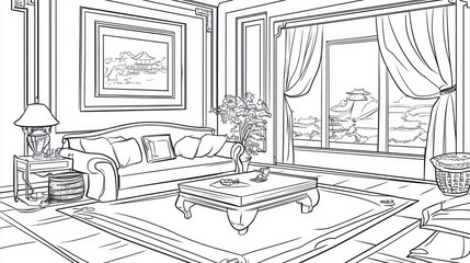 Fototapeta premium Interior line drawing of a serene living room.