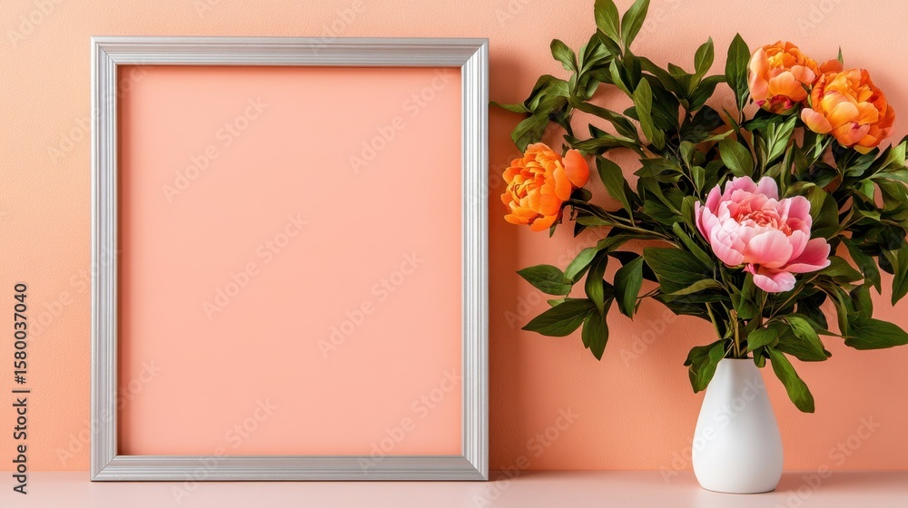 Poster silver frame featuring lush peonies and trailing greenery on a soft peach background
