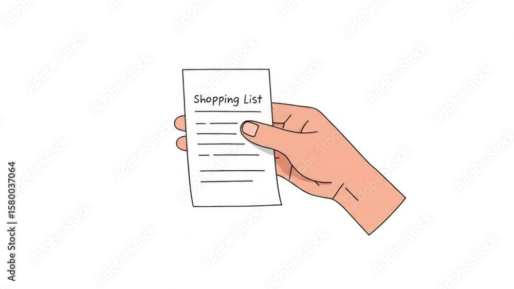 Poster hand holds a shopping list with blank lines for grocery items