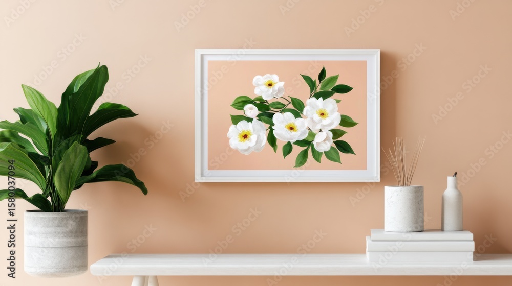 Poster silver frame featuring lush peonies and trailing greenery on a soft peach background
