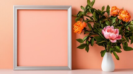 Silver frame featuring lush peonies and trailing greenery on a soft peach background