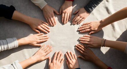 Several hands of diverse people joined together in a circle, symbolizing unity and teamwork.