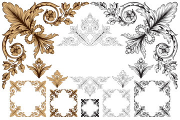 Decorative design set featuring flourish borders, corner elements, and frames, ideal for invitations, menus, and page embellishments. Perfect for enhancing layouts with elegant vector details.