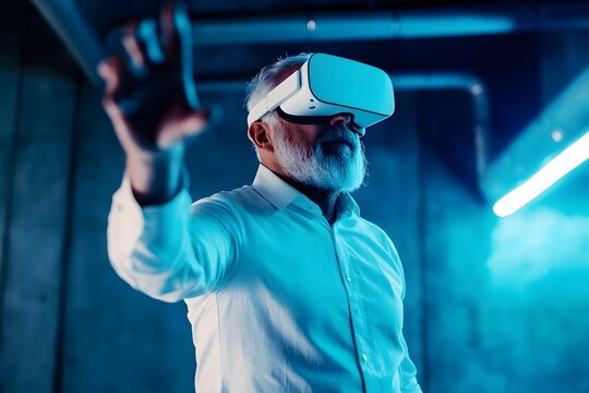 Man wearing a virtual reality headset and holding a controller in a futuristic setting