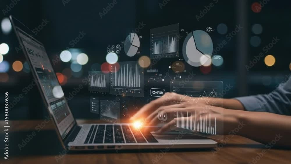 Aufkleber person typing on a laptop with data charts and graphs overlayed on the screen in a dark environment
