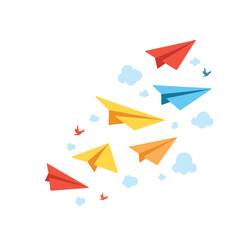 Colorful paper airplanes soaring against a white background, childhood dreams