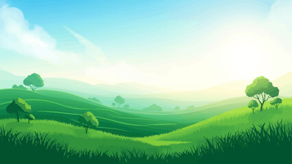 Fototapeta premium A serene cartoon landscape featuring rolling green hills, scattered trees, and a bright, sunny sky with soft clouds.