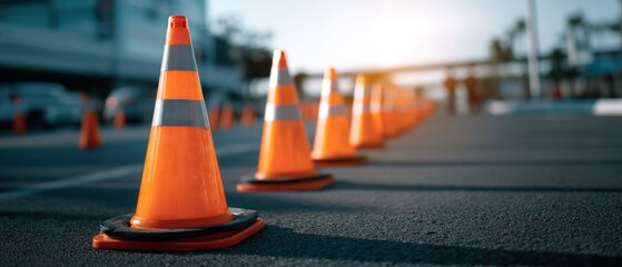 Orange traffic cones marking a road zone outdoors