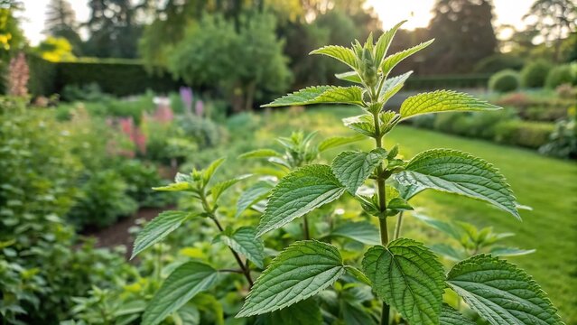A vibrant Parietaria officinalis plant stands tall in a lush garden, bathed in the warm glow of the setting sun