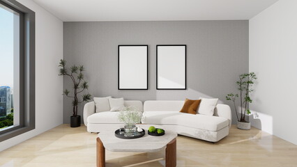 Modern Minimalist living Room with Elegant Decor and Natural Light. with empty black frame.