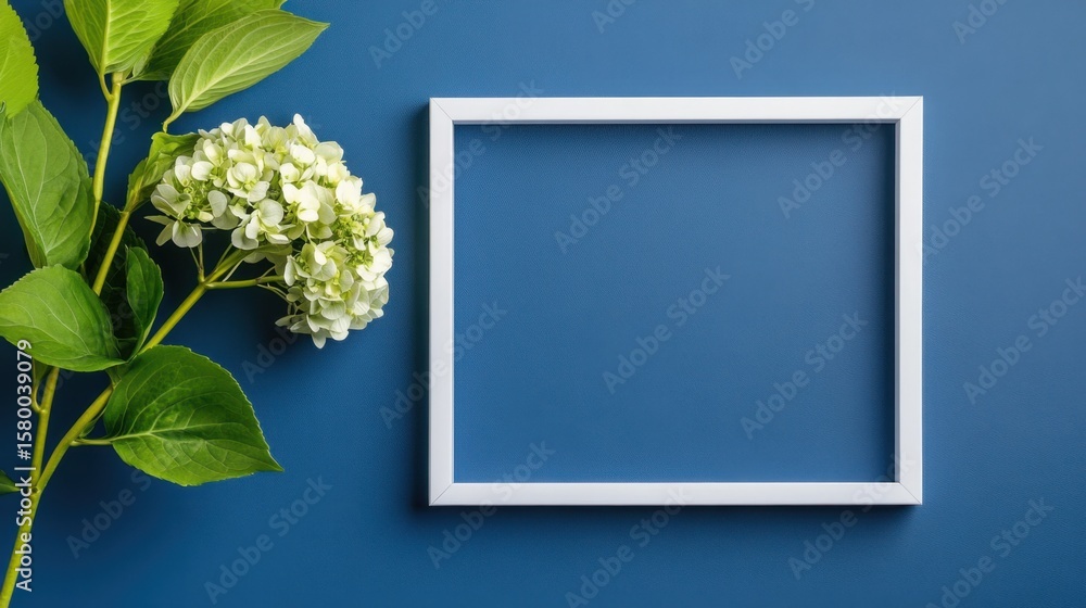 Poster sophisticated flat lay of botanical frame with hydrangeas on bold blue background