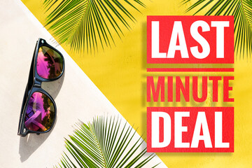 Last minute deal banner with fashion sunglasses on yellow background, summer promotion poster background idea