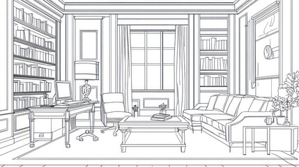 Fototapeta premium Detailed line drawing of a classic study room.