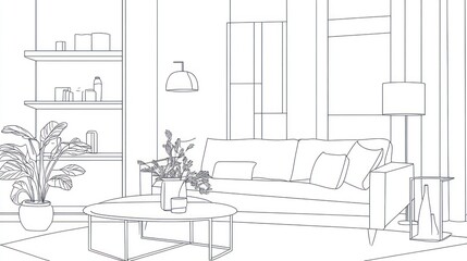 Line drawing of a modern living room interior design.