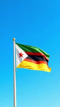 A vertical 4k footage showcasing the Zimbabwe flag waving gently against a backdrop of a clear and vibrant blue sky, ideal for patriotic projects.