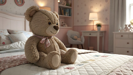 Teddy Bear's Serene Bedroom: A plush teddy bear, with a charming smile, sits comfortably on a bed in a delicately decorated bedroom, evoking feelings of comfort and nostalgia.