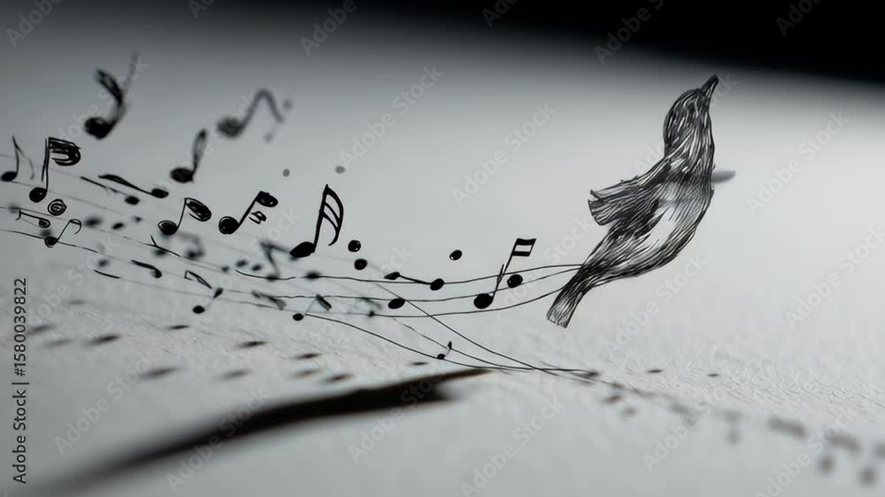 Poster artistic illustration of a bird in flight, surrounded by musical notes, creating a whimsical atmosph