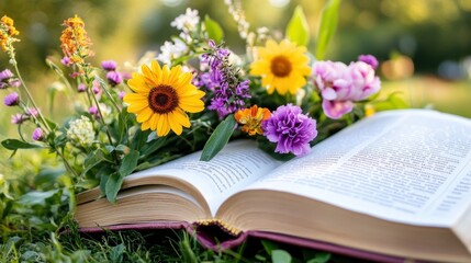 Storybook lying open with blooming peonies, sunflowers, and lilies sprouting from within the text