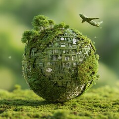 Green sphere world with trees,  buildings, and airplane