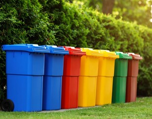 Colorful Recycling Bins Against Green Hedge | Waste Management & Sustainability