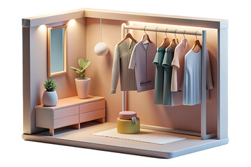 Isometric view of a stylish closet with clothes on hangers and a dresser isolated on transparent background