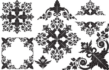 Decorative design set featuring flourish borders, corner elements, and frames, ideal for invitations, menus, and page embellishments. Perfect for enhancing layouts with elegant vector details.