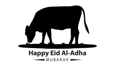 Black vector silhouette illustration of farm animals including cow, Eid al-Adha greeting design image for sacrificial animals