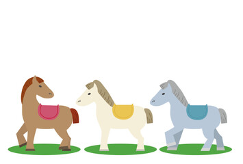 色違いの３頭の馬による午年年賀状イラスト