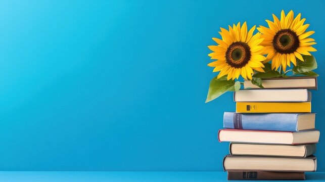 Tower of books sprouting vivid sunflowers on a minimalist studio set