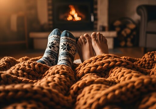 Close-up of two people's feet snuggled under a cozy knit blanket - Powered by Adobe