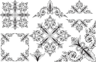 Decorative design set featuring flourish borders, corner elements, and frames, ideal for invitations, menus, and page embellishments. Perfect for enhancing layouts with elegant vector details.