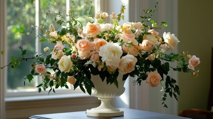 Urn floral centerpiece with trailing vines and soft pastel petals