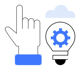 Hand pointing alongside a lightbulb containing a gear, symbolizing innovation, technology, and problem-solving. Ideal for creativity, technology, teamwork, cloud computing, design strategy
