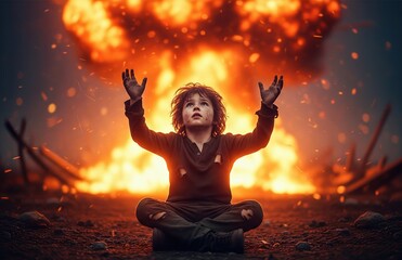 Child's silhouette with arms up stands near explosion in bleak devastated environment