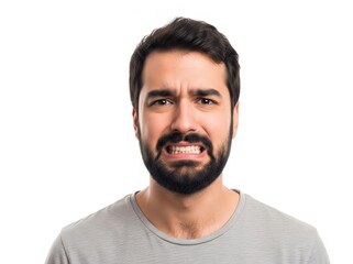 Obraz premium Man dressed in t-shirt shows teeth in regretful angry pose with tense face and closed fists