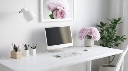 White desk with pastel peony frame and stationery for a romantic vibe