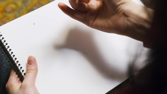 Lady uses sketching technique to create painting in studio. Artist holds pencil and begins to draw outline of mannequin touching surface with tool