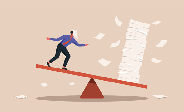 Businessman on a seesaw tipping under the weight of paperwork, concept of work life imbalance, stress, and the pressure of unrealistic workloads in corporate life, flat vector illustration