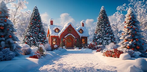 Cozy red house with decorated trees in snowy landscape christmas winter