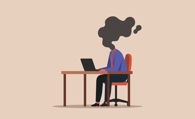 Businessman sitting at a desk with smoke rising from his head, concept of burnout, overload, extreme stress, and mental exhaustion at workplace, flat vector illustration