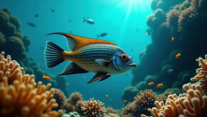 Obraz premium Vibrant fish swims amidst a coral reef.