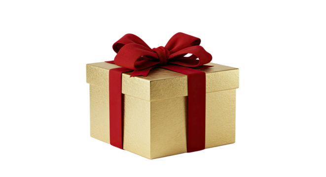 Gold Gift Box with Red Ribbon.