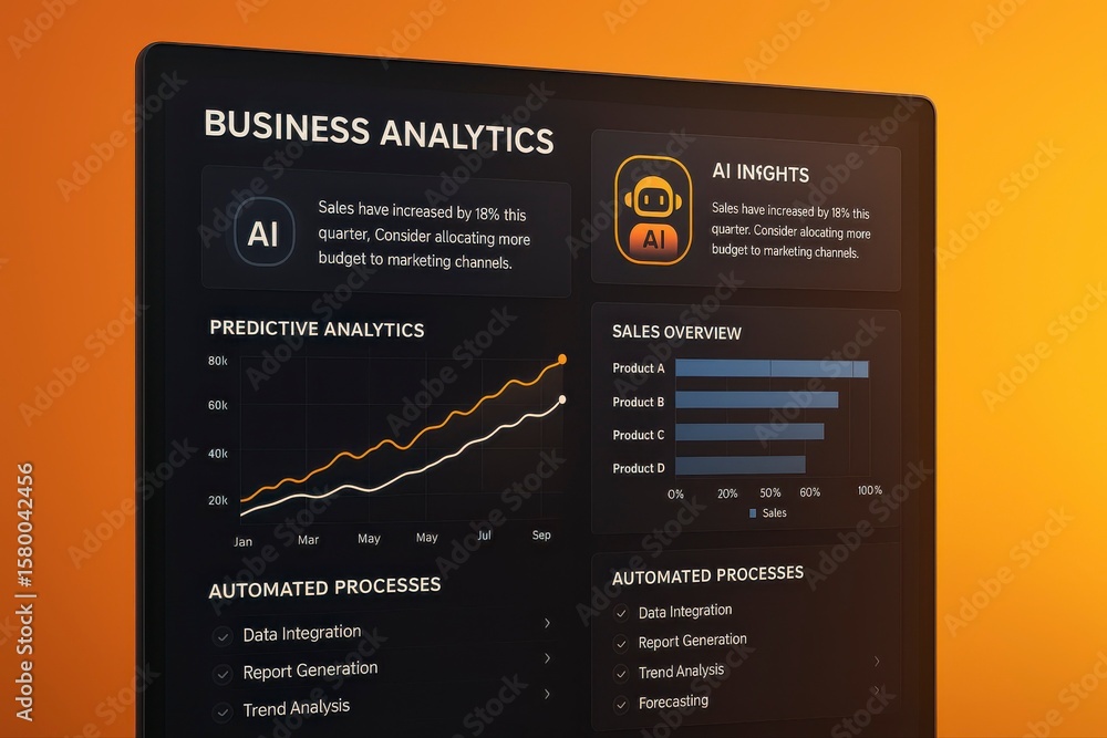 Poster a screen displaying business analytics with ai insights and graphs