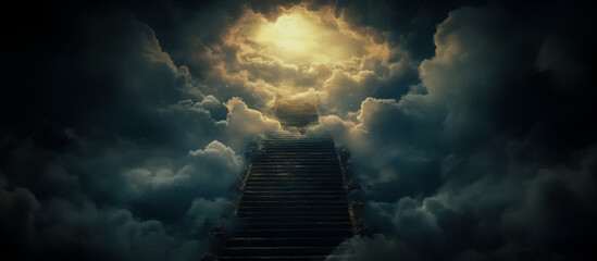 A wide-angle view of a staircase surrounded by dark, ominous clouds in a fantasy setting, a moody, dark background with cinematic lighting and a mysterious and surreal atmosphere.
