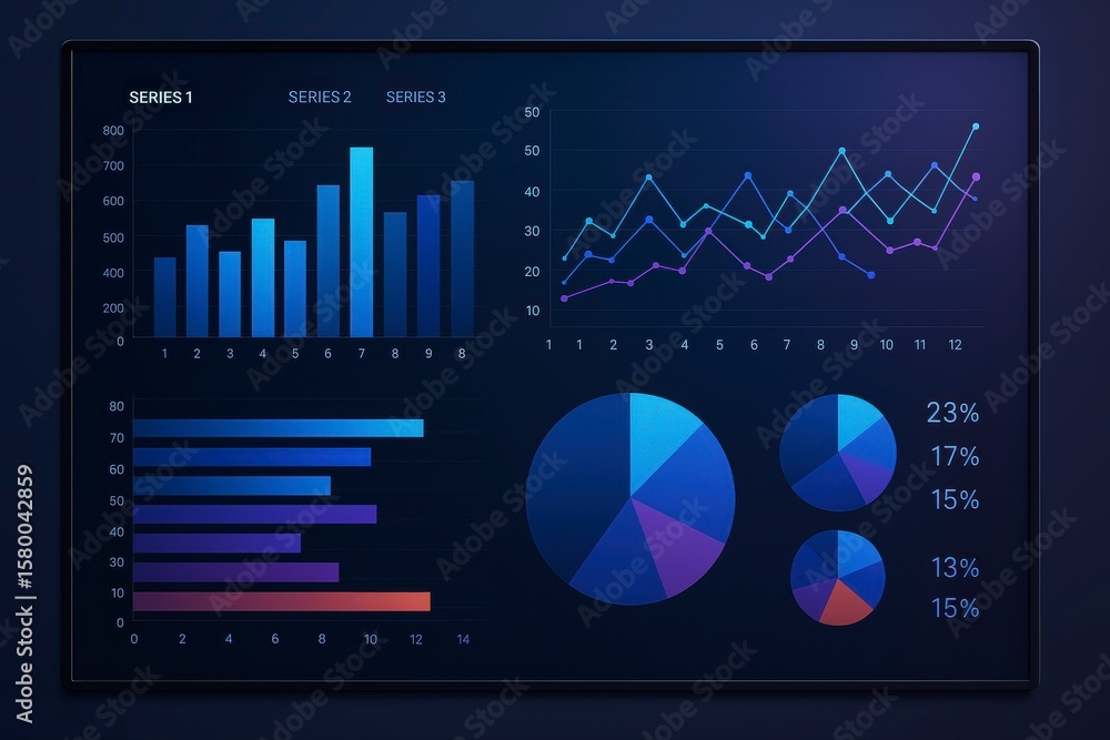 Poster displaying various types of data charts on a dark blue background
