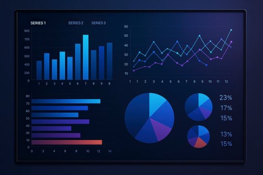 Displaying various types of data charts on a dark blue background
